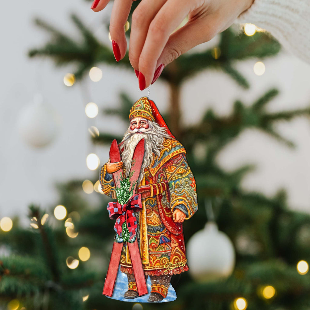 Santa's Skiing Adventure Wooden Ornaments by G. Debrekht - Christmas Santa Snowman Decor - 8691403
