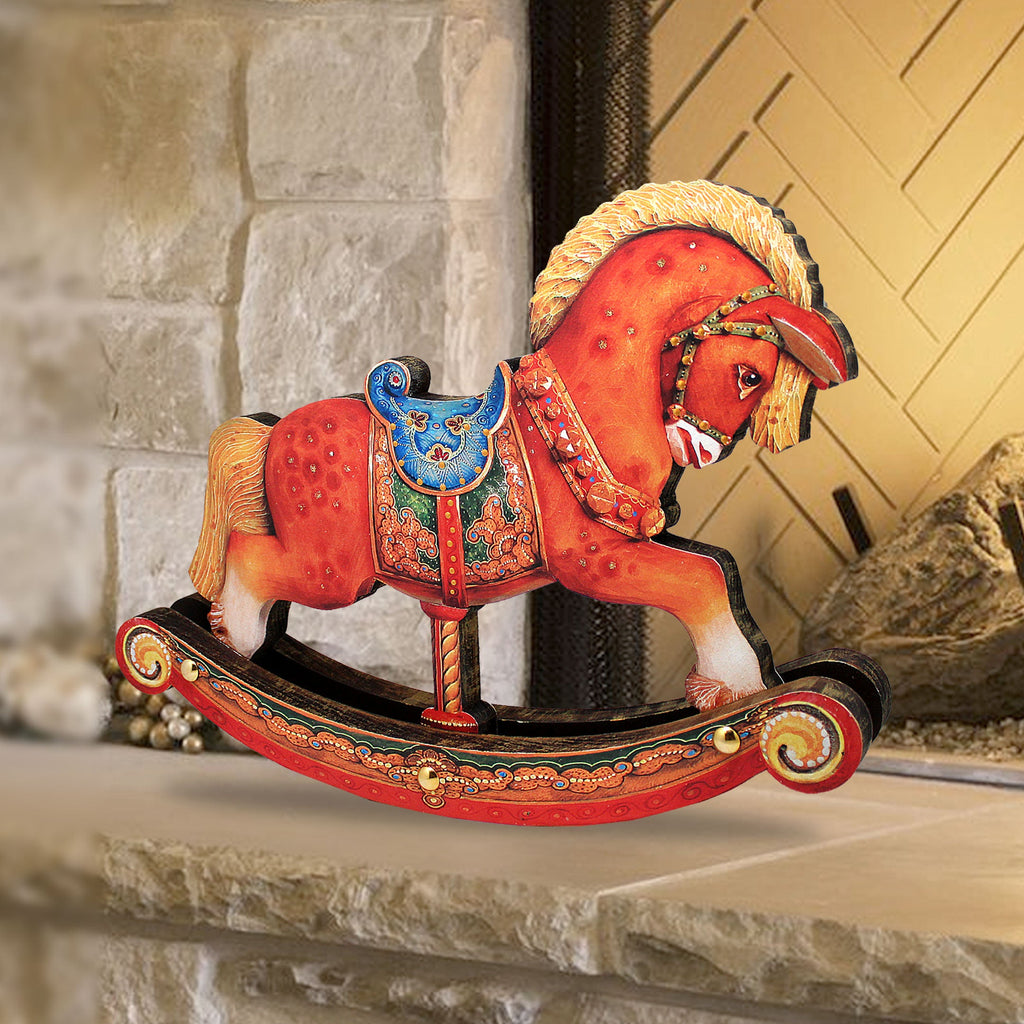 Rocking Horse Decorated Centerpiece Wooden Figurine by G. Debrekht - Christmas Santa and Snowman Decor - 89311