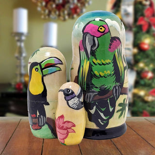 Parrot Matreshka Nesting Hand-Painted Doll Set of 3 by G. DeBrekht - Wildlife Holiday Decor - 14765