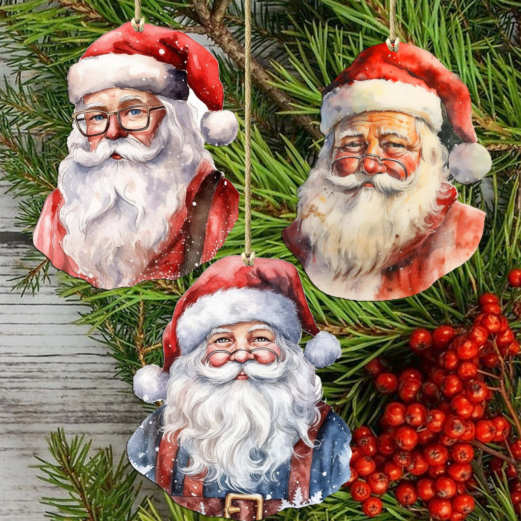 Jolly Santa Faces Decorative Eco Wood Ornaments Set of 3 by G. Debrekht - Christmas Decor - 8091045-S3