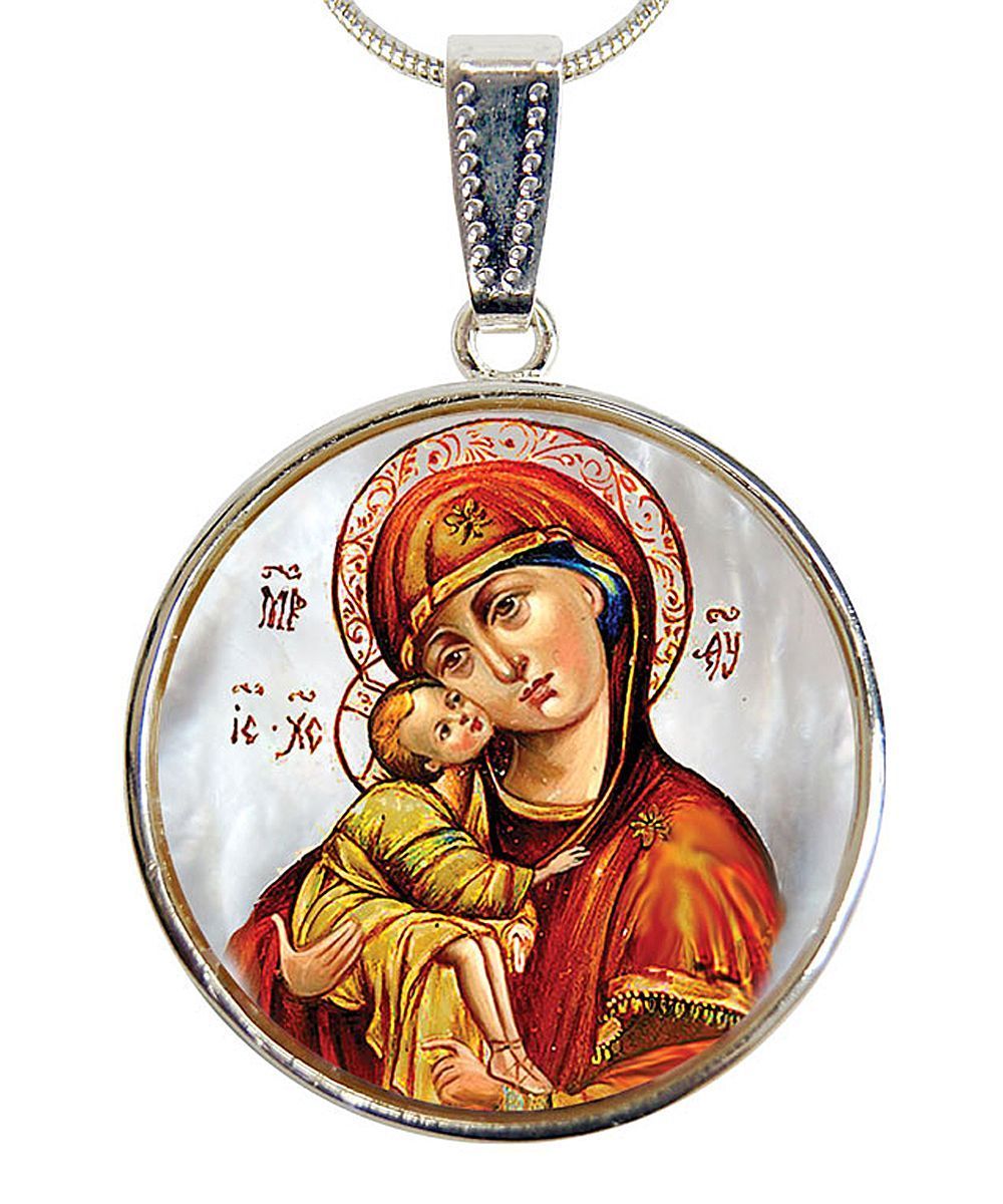 Holy Virgin Mary Vladimir Silver Plated Mother of Pearl Necklace Jewelry - 43011