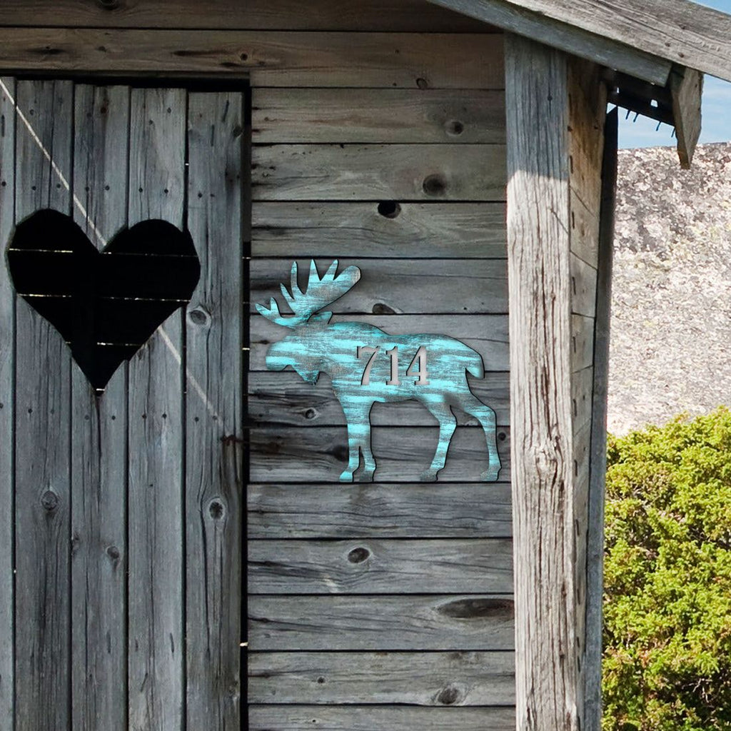 Moose Log Cabin Wooden Personalized House Number Sign - Nature Wildlife Decor - Handcrafted Wooden Handcrafted Wooden Address Sign - MA98222