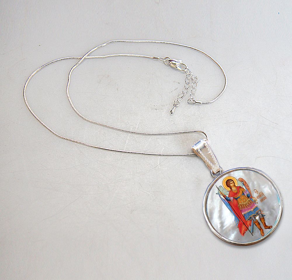 Saint Michael the Archangel Silver Plated Mother of Pearl Necklace - 43022