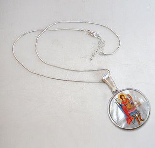 Saint Michael the Archangel Silver Plated Mother of Pearl Necklace - 43022