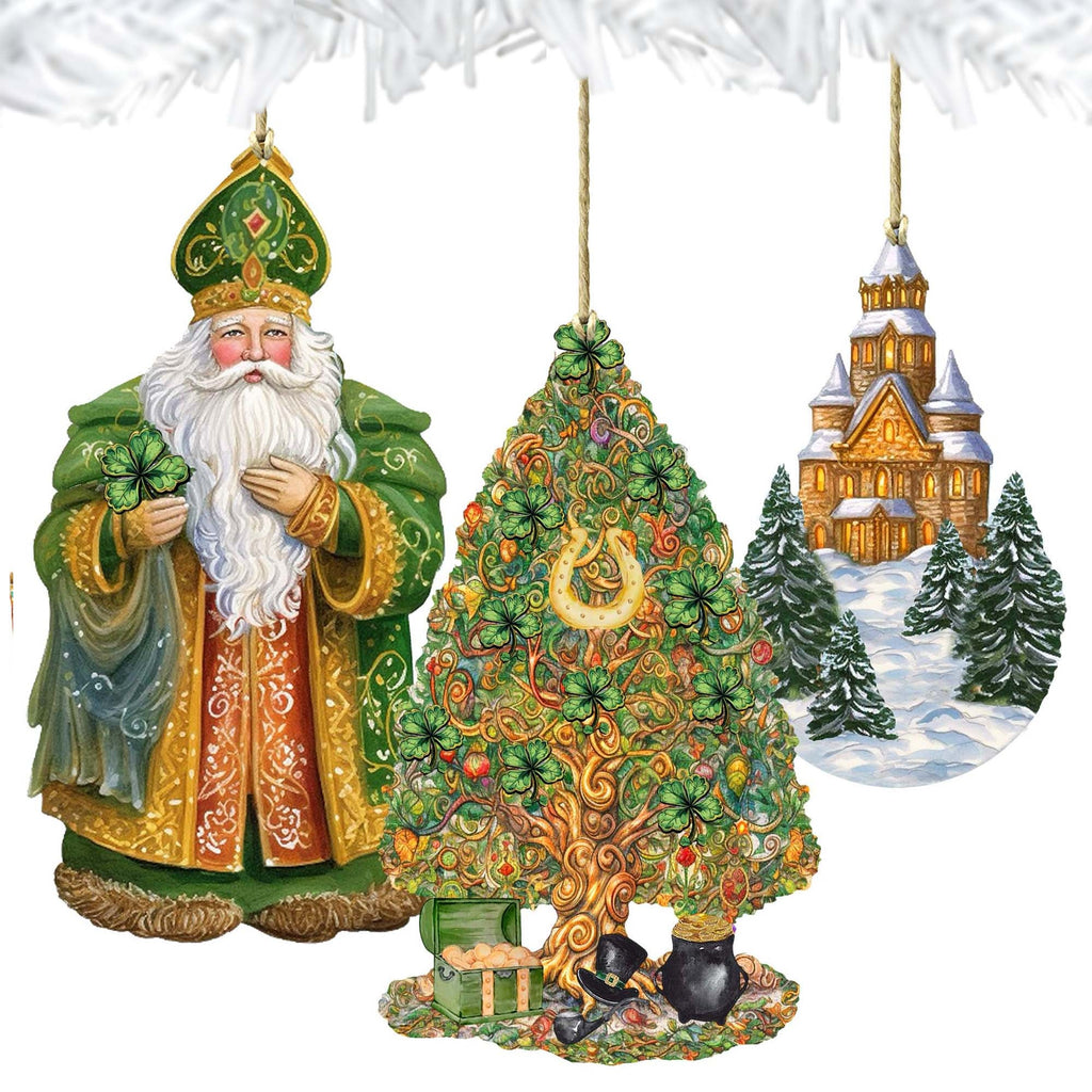 Santas Around the World - Irish Inspired Santa - Eco Wood Ornaments Set of 3 by G. DeBrekht Christmas Santa Snowman Decor - 8091306S3