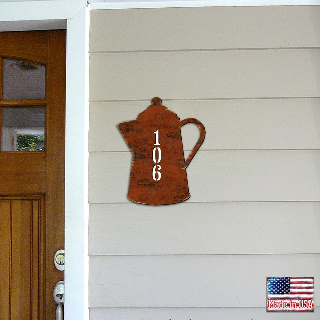 Coffee Pot Wooden Custom House Number Sign - Love Family Kids Decor - Handcrafted Wooden Address Sign - MA98552