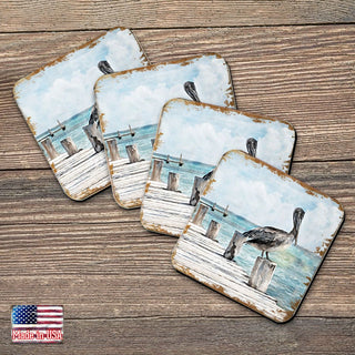 Pelican Coastal Wooden Cork Coasters Gift Set of 4 by Nature Wonders - Coastal Sea-Life Decor - 95252C-S4