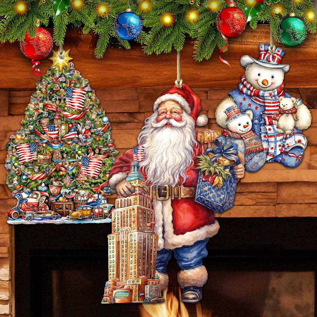 Santas Around the World - American Inspired Santa - Eco Wood Ornaments Set of 3 by G. DeBrekht Christmas Santa Snowman Decor - 8091301S3