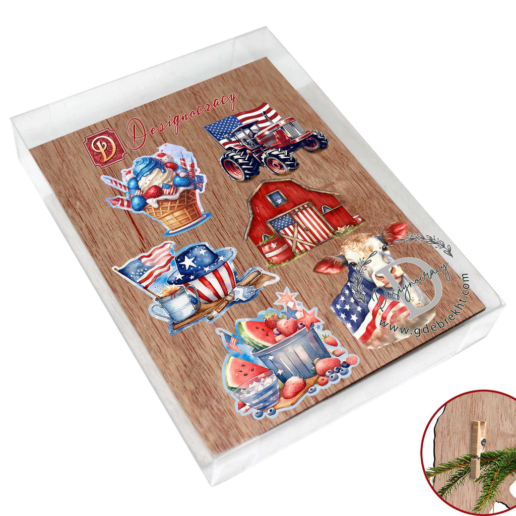 American Farmhouse Clip-On Eco Wood Decorative Ornaments Set of 6 by G. Debrekht - Patriotic Decor - 8090001C-S6