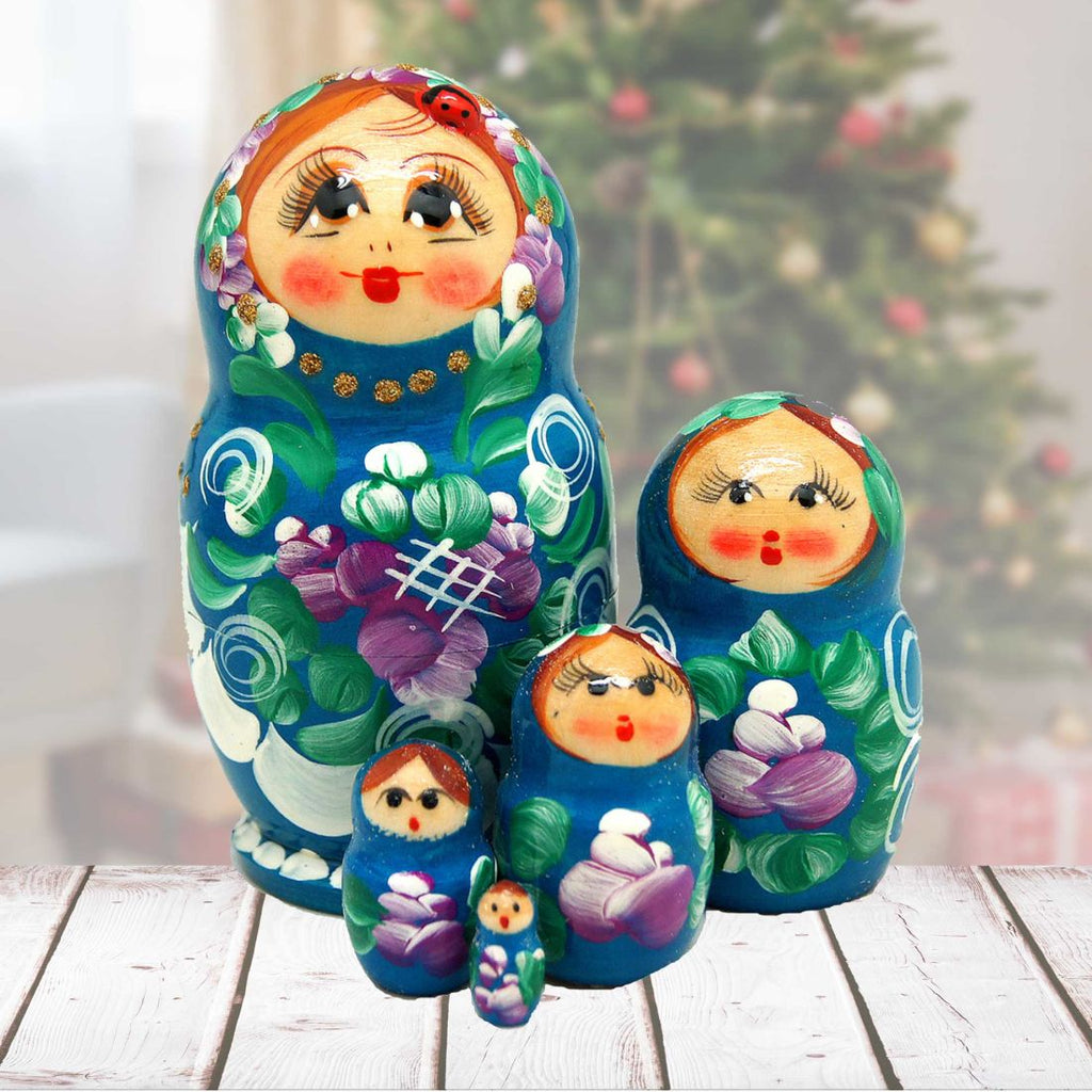 Blue Golden Floral Matreshka Nesting Hand-Painted Dolls Set of 5 by G. DeBrekht - Christmas Decor - 140136