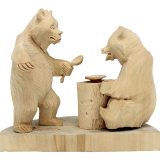 Two wooden bear sculptures, one standing and one sitting, are depicted in a carved wooden display.
