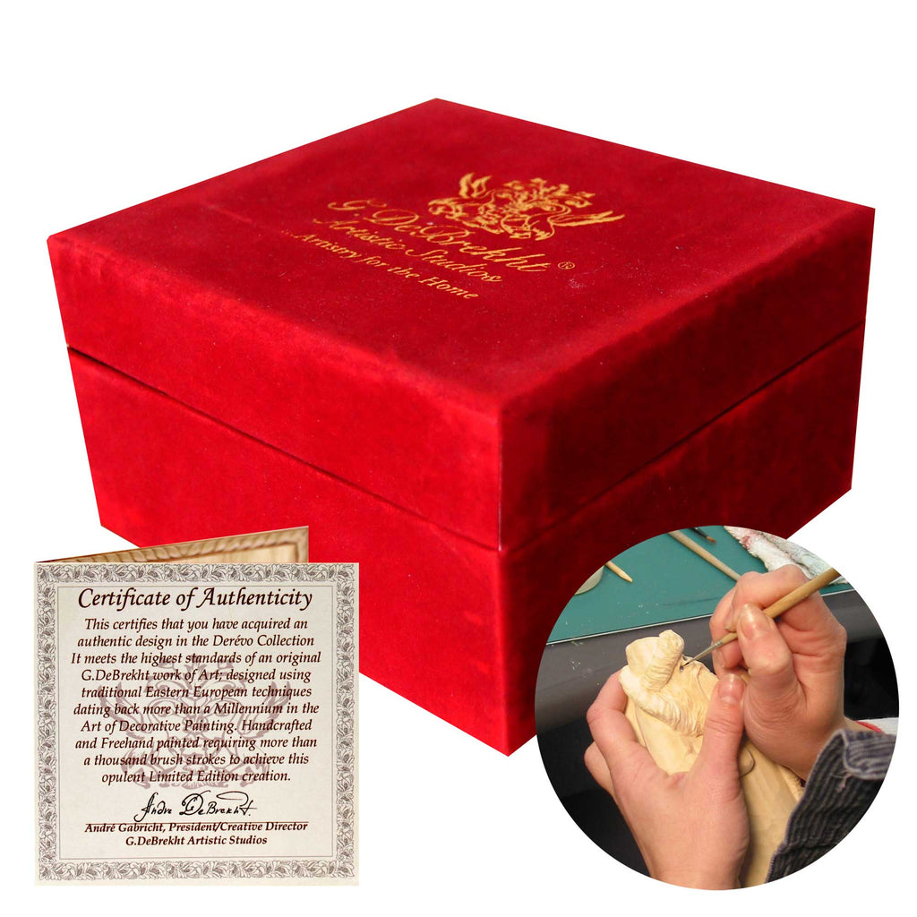 a red velvet box with a gold emblem, a certificate of authenticity, and a close-up of a person's hands working on a wooden object.