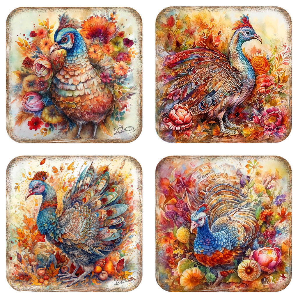 Turkey Wooden Cork Coasters Gift Set of 4 by G. Debrekht - Thanksgiving Decor - 8199437C-S4