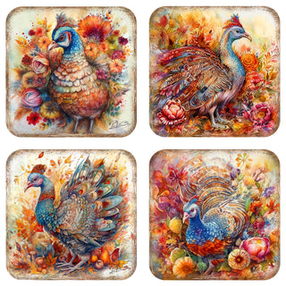 Turkey Wooden Cork Coasters Gift Set of 4 by G. Debrekht - Thanksgiving Decor - 8199437C-S4