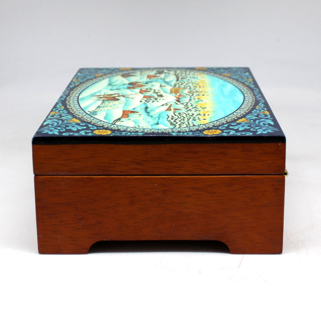 One-of-a-Kind Winter Village Lacquered & Polished WOODCARVED Music Jewelry BOX 9x6x3 - Handcarved Unique Home Decoration and Beautiful Gift Rare Find Collectible, Unique Hand Carved Gift
