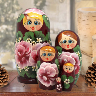 Burgundy Floral Matreshka Nesting Hand-Painted Dolls Set of 5 by G. DeBrekht - Christmas Decor - 140139-2