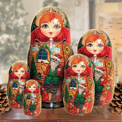 Santa Workshop Matreshka Nesting Hand-Painted Doll Set of 5 by G. DeBrekht - Christmas Decor - 1300992