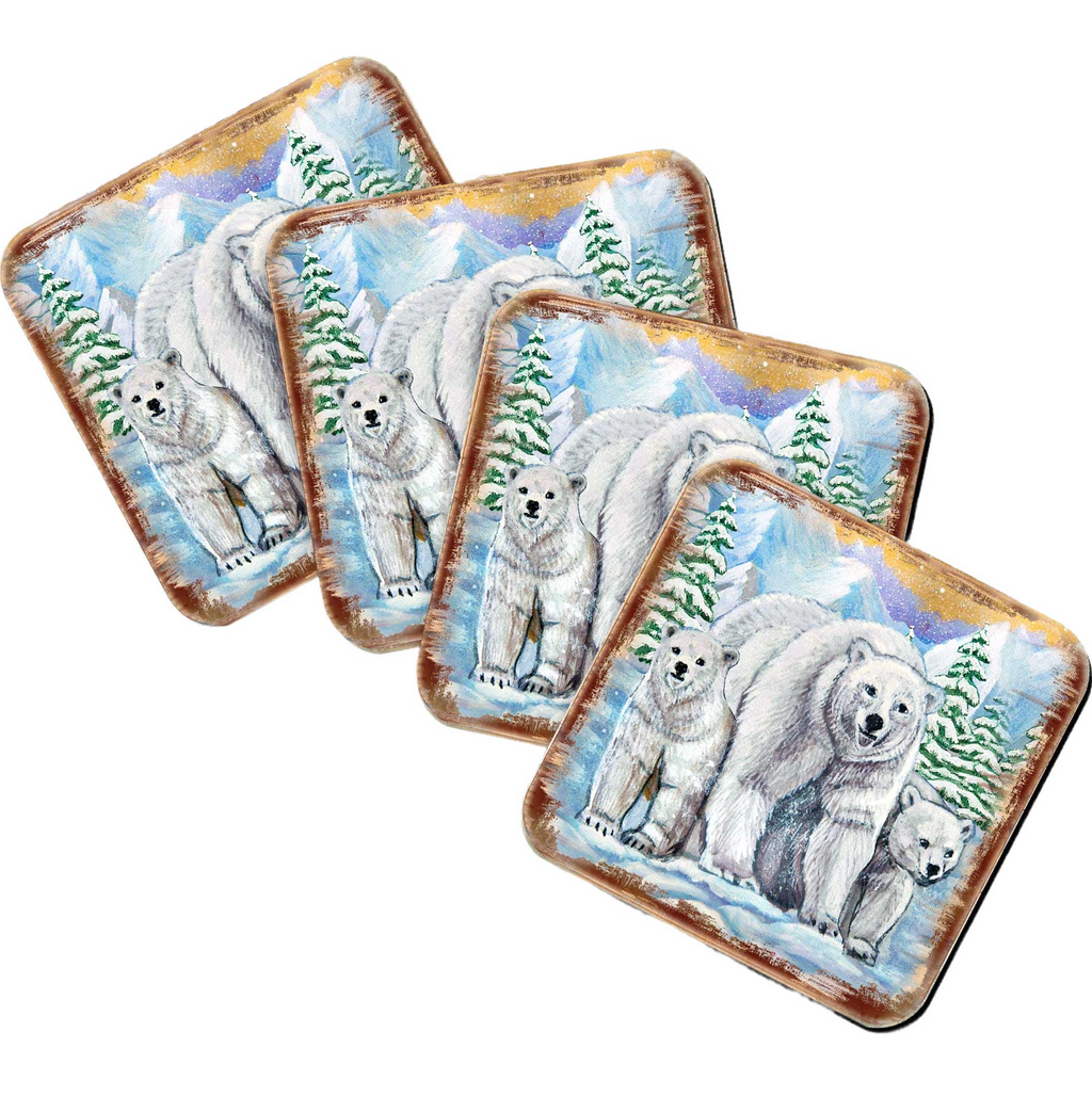 A set of four square coasters featuring illustrations of polar bears in a snowy, winter landscape.