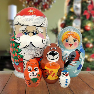 Santa with Forest Friends Matreshka Nesting Hand-Painted Doll Set of 5 by G. DeBrekht - Christmas Santa Snowman Decor - 110152
