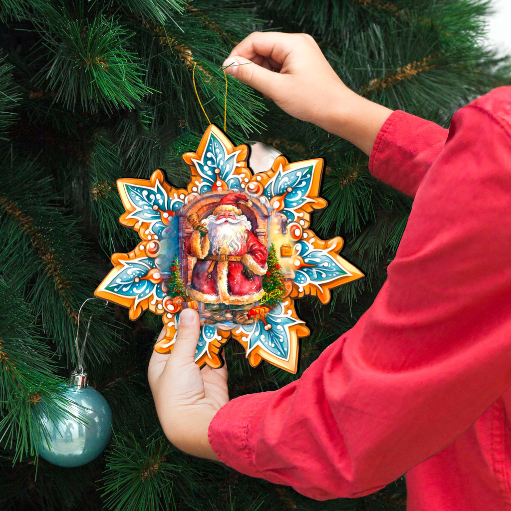 Santa with Bell Snowflake Large Wooden Ornament by G. Debrekht - Christmas Santa Snowman Decor - 8688419M
