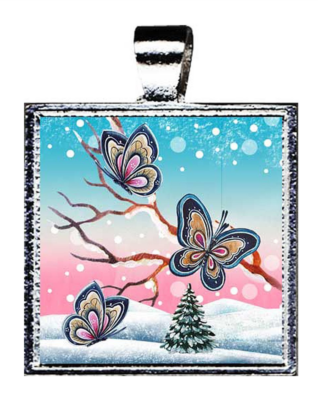 A square pendant with a design featuring three colorful butterflies against a snowy landscape with a small tree in the background.