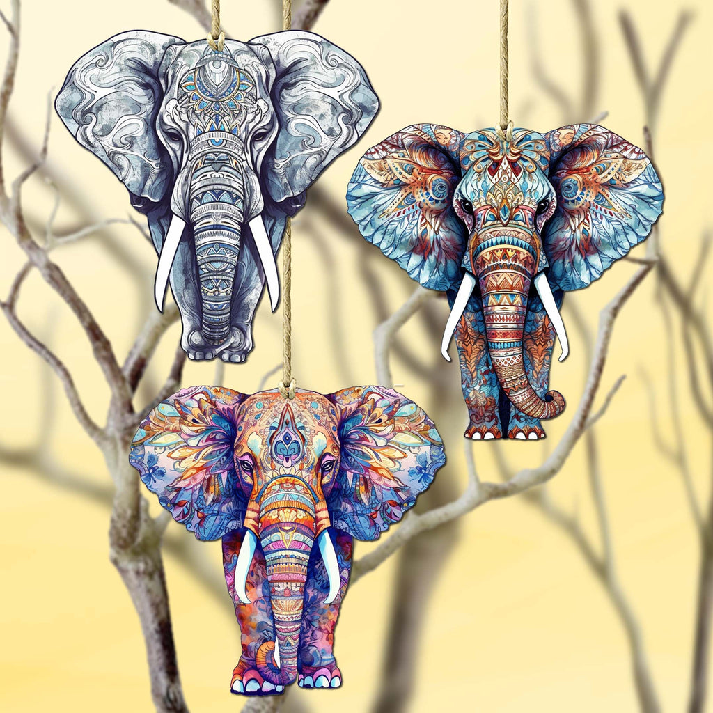 Elephants Decorative Eco Wood Ornaments Set of 3 by G. Debrekht - Wildlife Decor - 8091036-S3