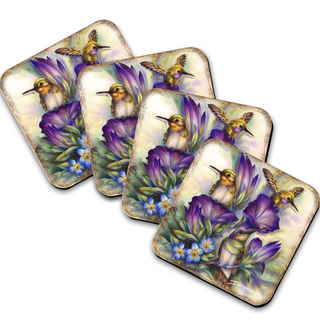 A set of four square coasters featuring vibrant floral designs and hummingbirds.