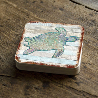 Sea Turtle Coastal Wooden Cork Coasters Gift Set of 4 by Nature Wonders - Coastal Sea-Life Decor - 8198518-9C-S4