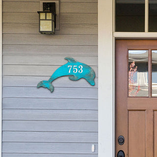 Dolphin Coastal Wooden Personalized House Number Sign by G. Debrekht - Coastal Sea-Life Decor - Handcrafted Wooden Handcrafted Wooden Address Sign - MA985193
