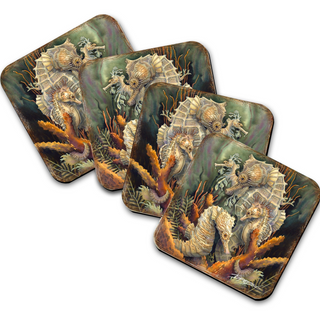 a collection of four square coasters with a vibrant underwater scene depicting various marine creatures, including seahorses, against a backdrop of colorful coral and plants.