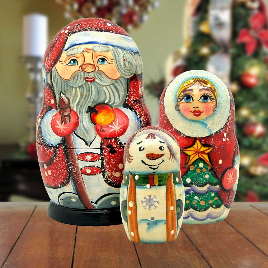 Santa Family Matreshka Nesting Hand-Painted Doll Set of 3 by G. DeBrekht - Christmas Santa Snowman Decor - 110572