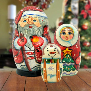 Santa Family Matreshka Nesting Hand-Painted Doll Set of 3 by G. DeBrekht - Christmas Santa Snowman Decor - 110572