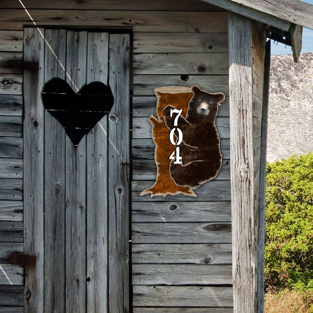 Bear on the Stoop Log Cabin Personalized House Number Sign by G. Debrekht - Nature Wildlife Decor - Handcrafted Wooden Address Sign - MA81982153