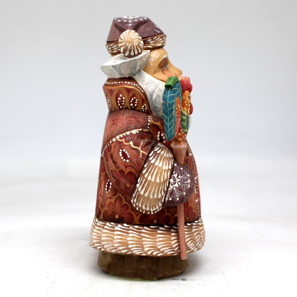 One-of-a-Kind - Santa with Rooster WOODCARVED Figurine 5.5x4.5x2.5 by G.DeBrekht - Unique Handcarved and Hand-Painted Collectible