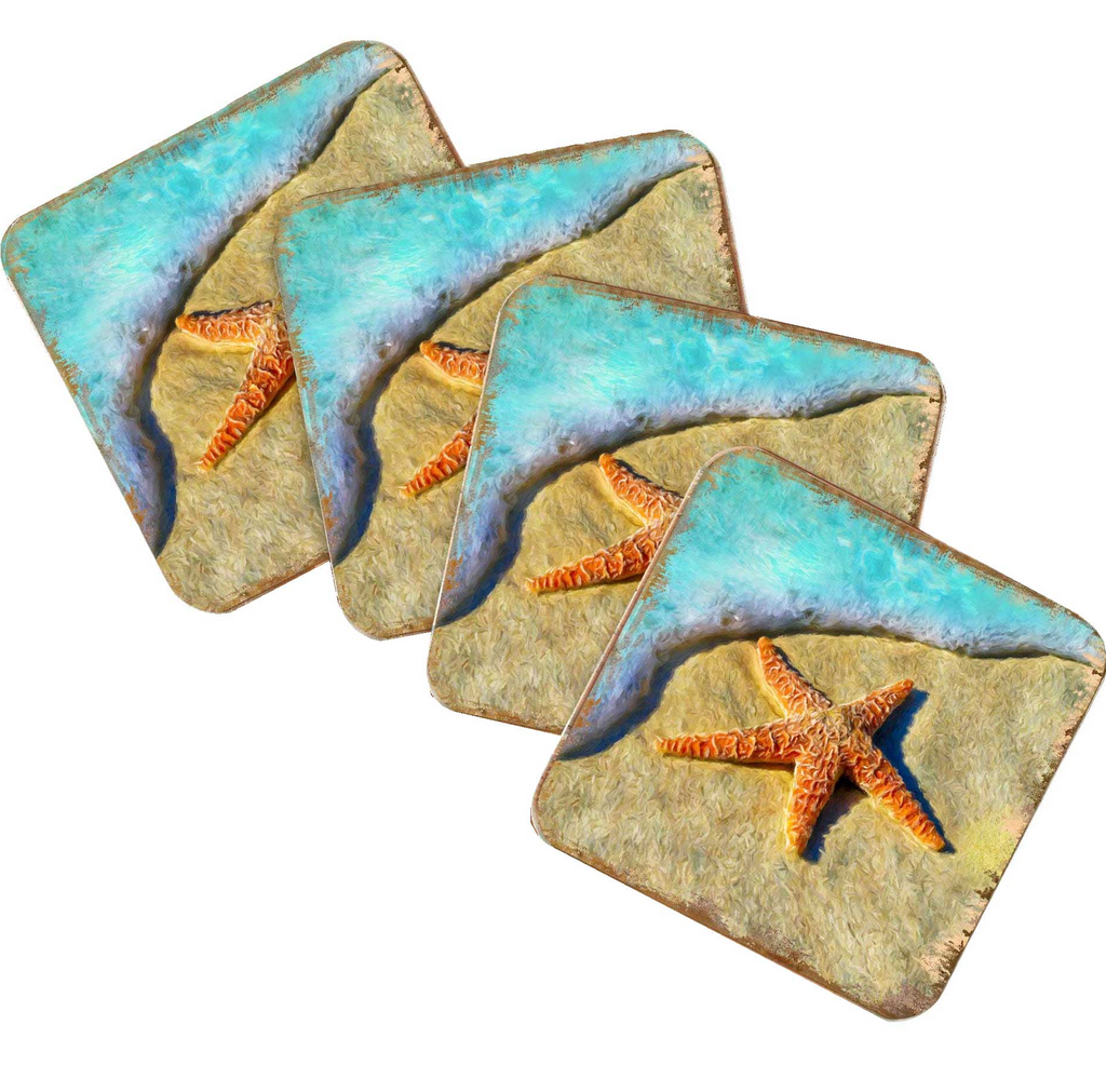 three square coasters with a beach scene design, featuring a starfish and a wave.