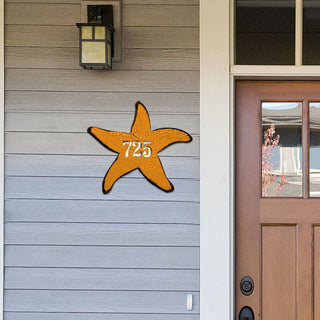 Orange Starfish Sports Car Personalized House Number Sign by G. Debrekht - Coastal Sea-Life Decor - Handcrafted Wooden Handcrafted Wooden Address Sign - MA985312