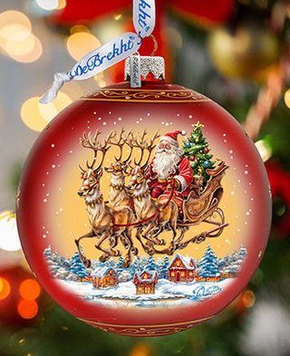 Santa on Sleigh Lg Glass Ornament by G.Debrekht - Christmas Santa Snowman Decor - 73938