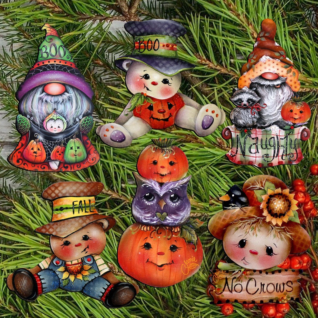 Hello Fall - Pumkin, Scarecrow, Gnome Clip-On Eco Wood Decorative Ornaments Set of 6 by Jamie Mills-Price - Thanksgiving Decor - 8090047C-MP-S6