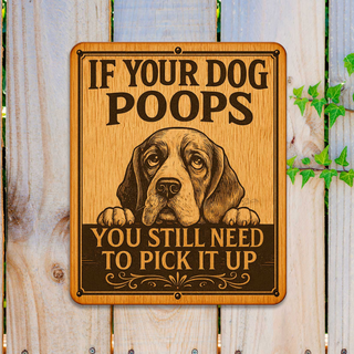 a wooden sign with a dog's face and text, placed on a wooden fence.