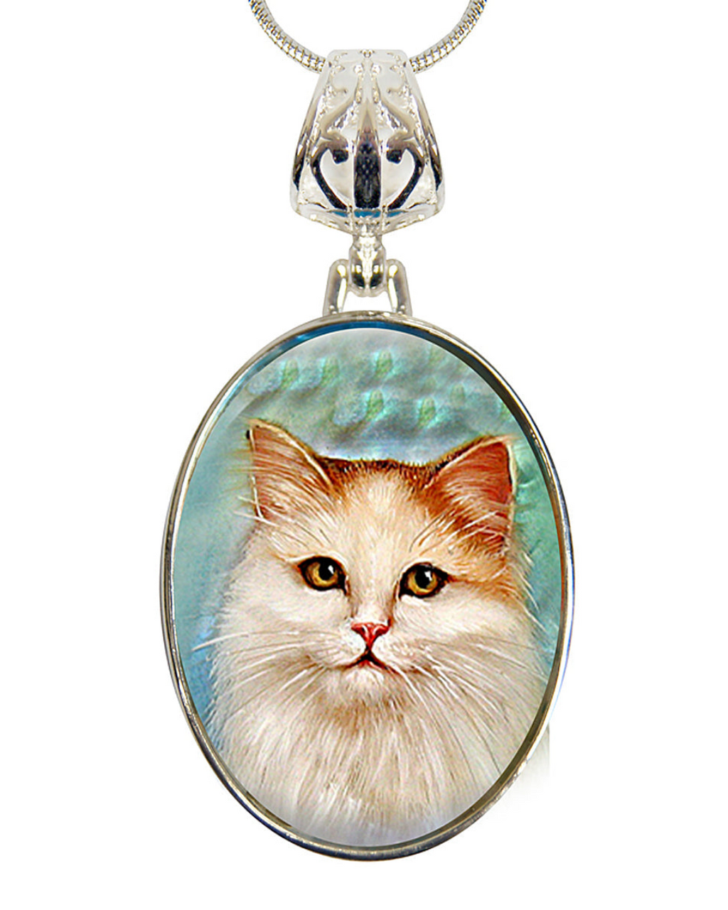 A silver pendant necklace with a round oval-shaped frame that contains a close-up portrait of a fluffy white cat with yellow eyes.