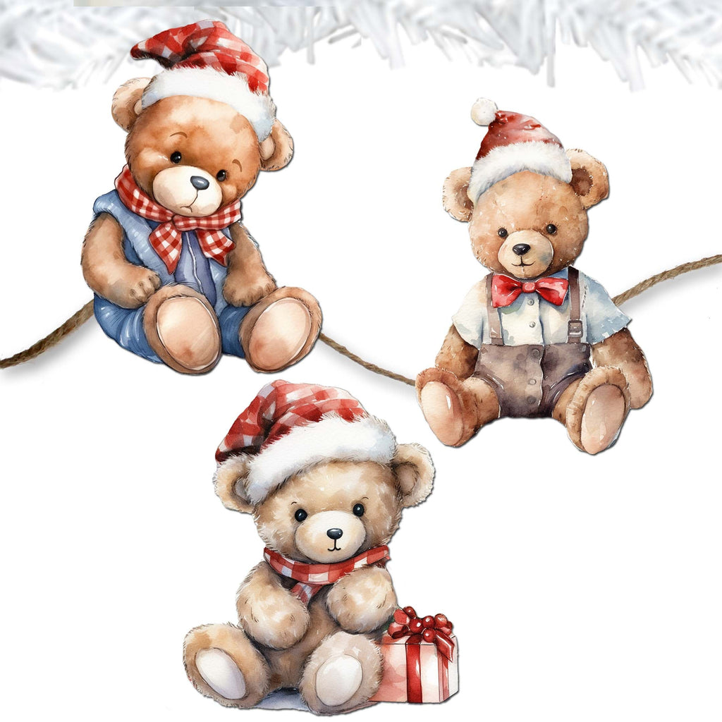Christmas Teddy Bear Clip-On Eco Wood Decorative Ornaments Set of 3 by G. Debrekht - Christmas Decor - 8091011C-S3
