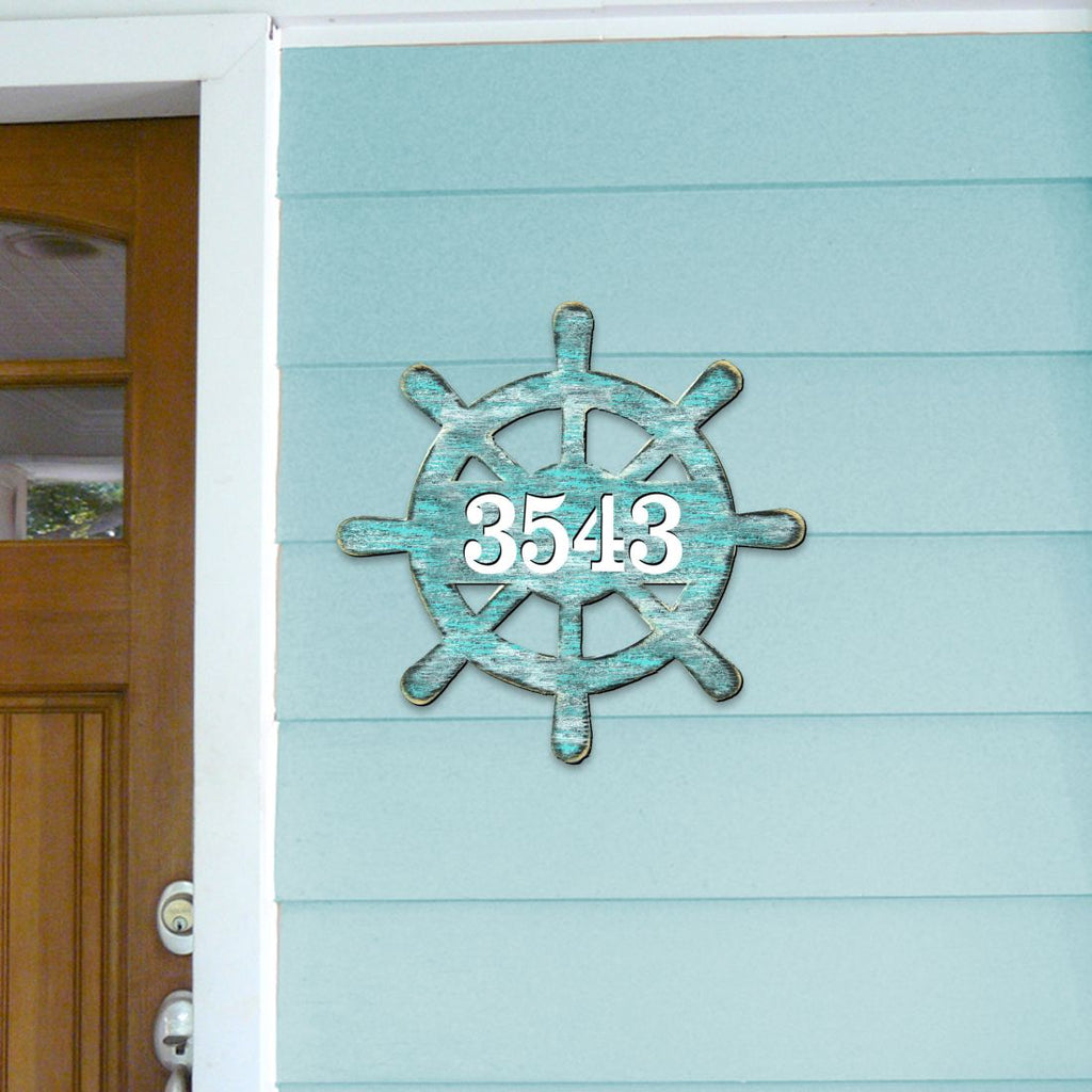 Captain Wheel Coastal Personalized House Number Sign by G. Debrekht - Coastal Sea-Life Decor - Handcrafted Wooden Address Sign - MA98536