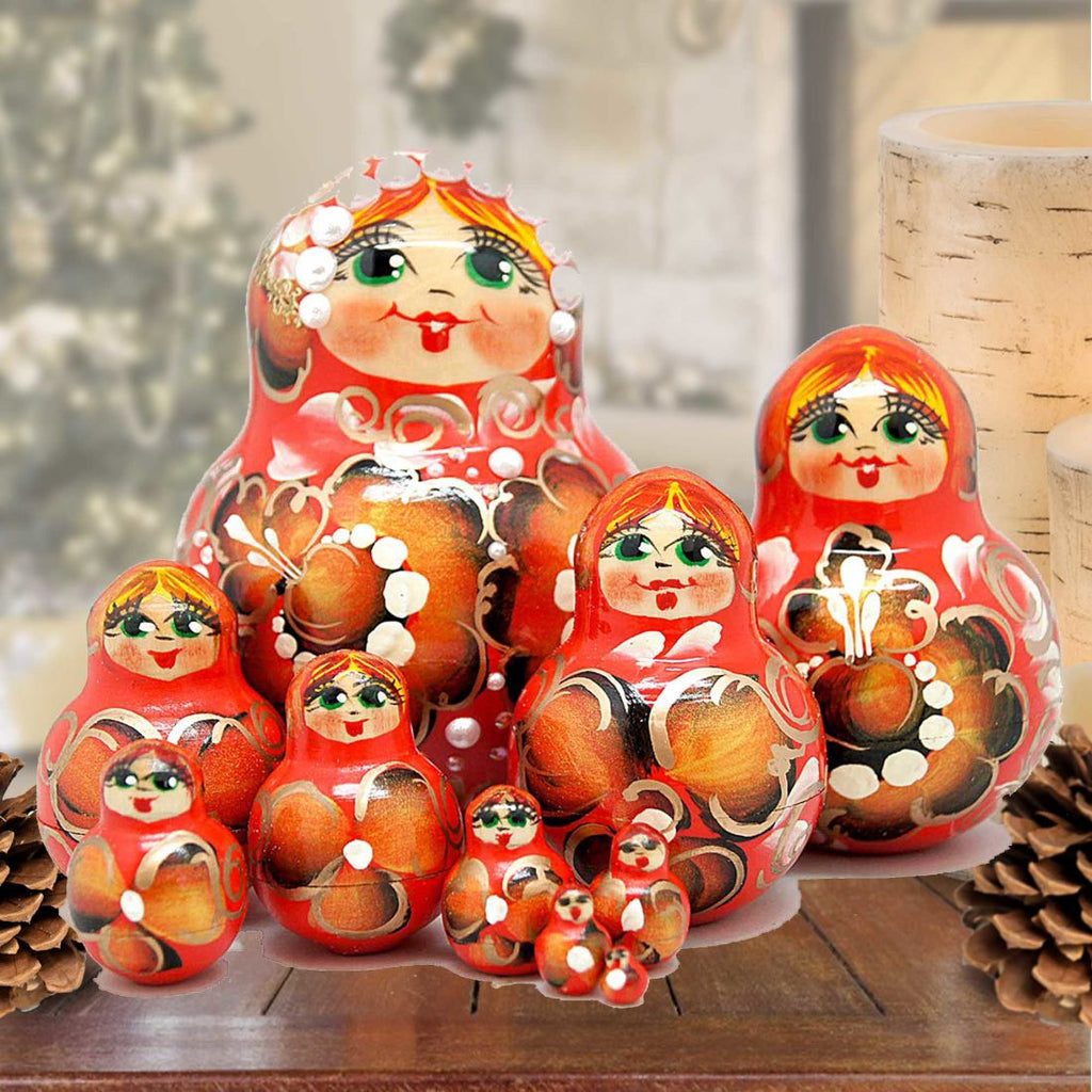 Flower in Red Matreshka Nesting Hand-Painted Doll Set of 10 by G. DeBrekht - Christmas Decor - 141151R