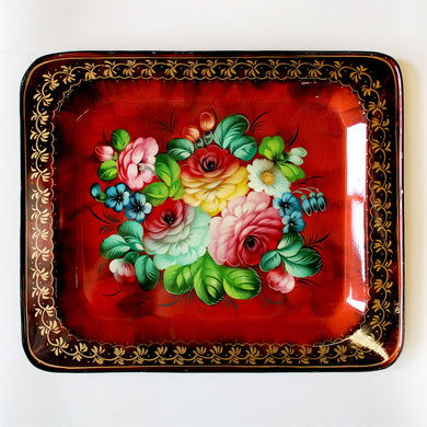Authentic Zhostovo Floral Hand-Painted Black Metal Tray - 13 x 11 Inches Kitchenware and Gift Handmade Decorative Work of Art One-of-a-Kind Piece by G. Debrekht Functional Kitchenware Table and Unique Wall Decor