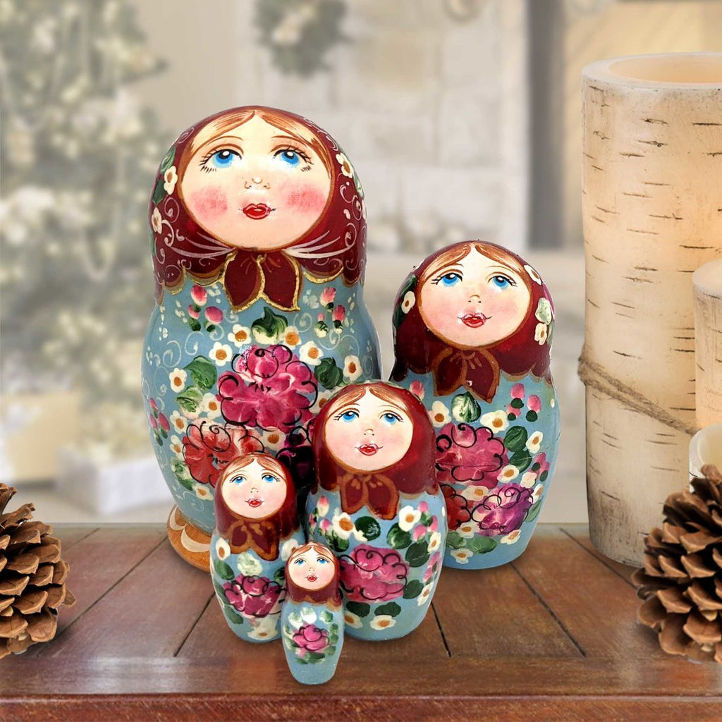 Grey Floral Matreshka Nesting Hand-Painted Dolls Set of 5 by G. DeBrekht - Christmas Decor - 140140-4