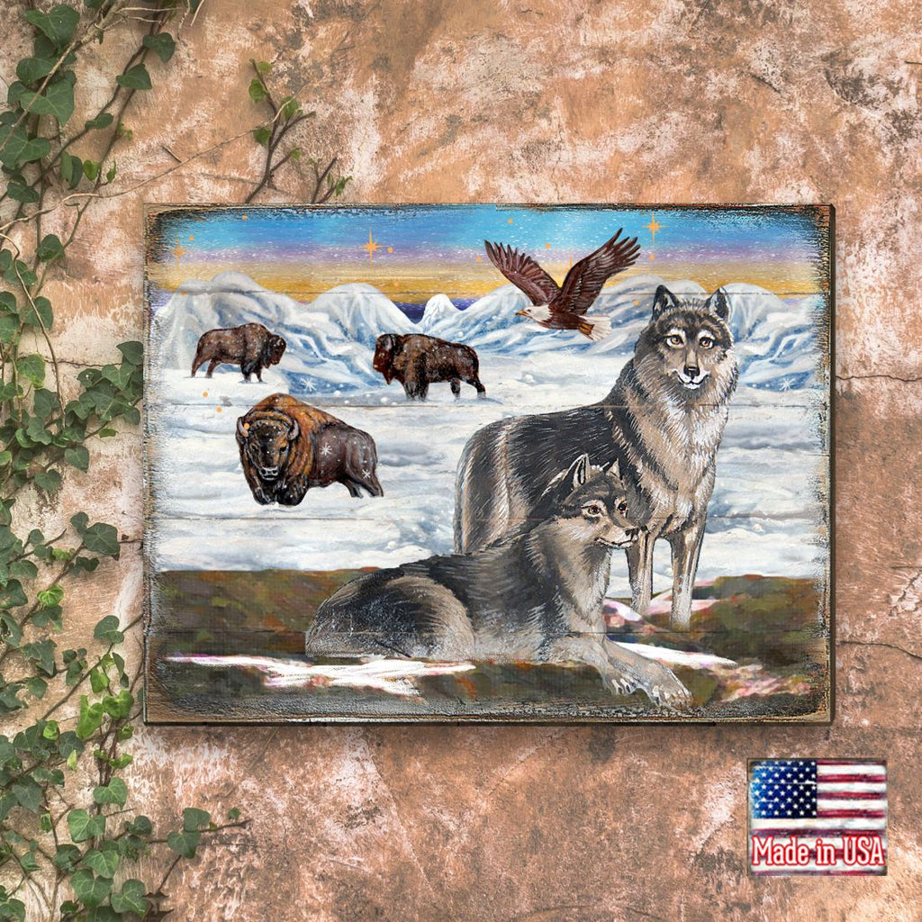 Winter Wolves Art Wooden Wall Art by Nature Wonders - Nature Wildlife Decor - 95222B