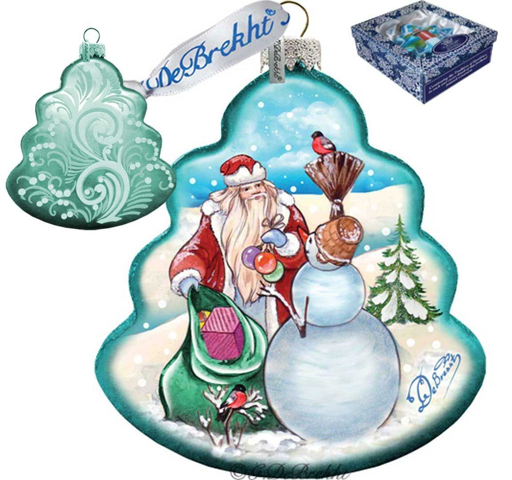 Santa with Snowman Tree Glass Ornament by G. DeBrekht - Christmas Santa Snowman Decor - 762-011