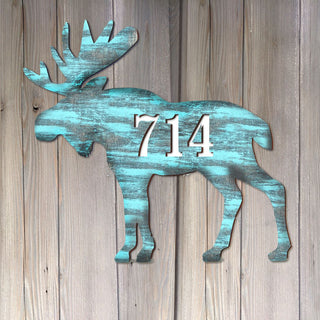 Moose Log Cabin Wooden Personalized House Number Sign - Nature Wildlife Decor - Handcrafted Wooden Handcrafted Wooden Address Sign - MA98222