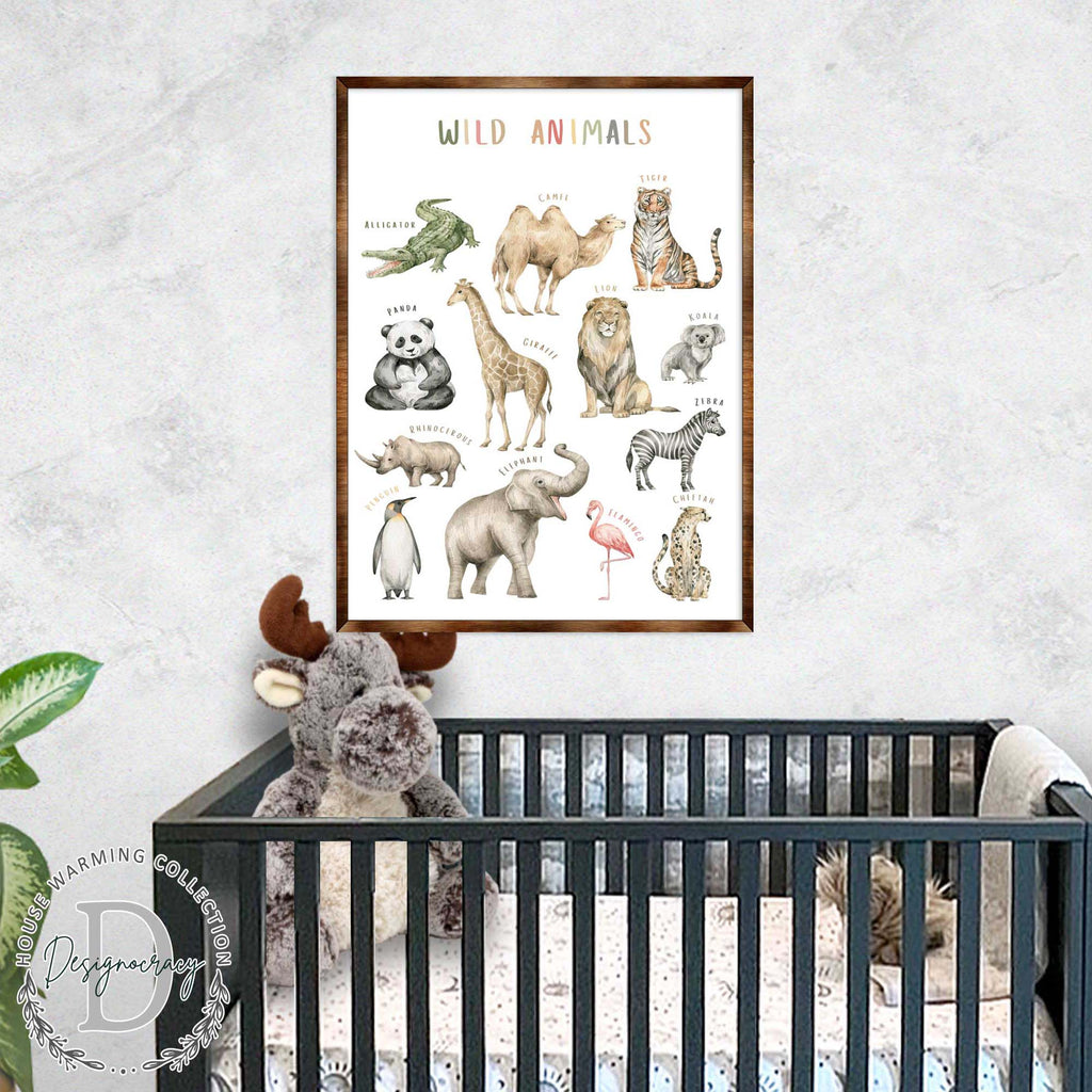 Wild Animals Kids Room Decor - Montessori Wooden Poster - Homeschool I Educational Poster - Classroom Decor - Playroom Art - 310219