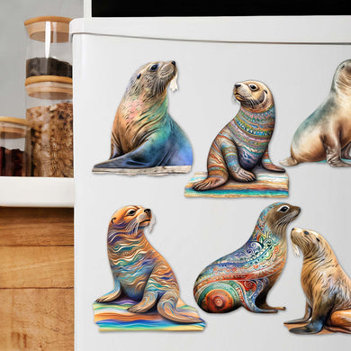 Coastal Sea Lions Decorative Eco Wood Magnets Set of 6 by G. Debrekht - Wildlife Decor - 8090112G-S6